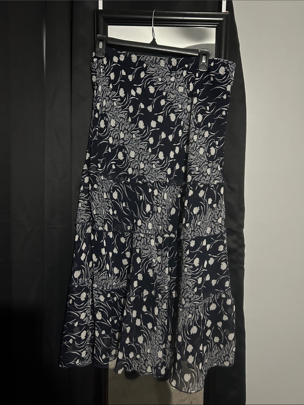 Sara Michelle Navy and White Floral Tiered Maxi Skirt